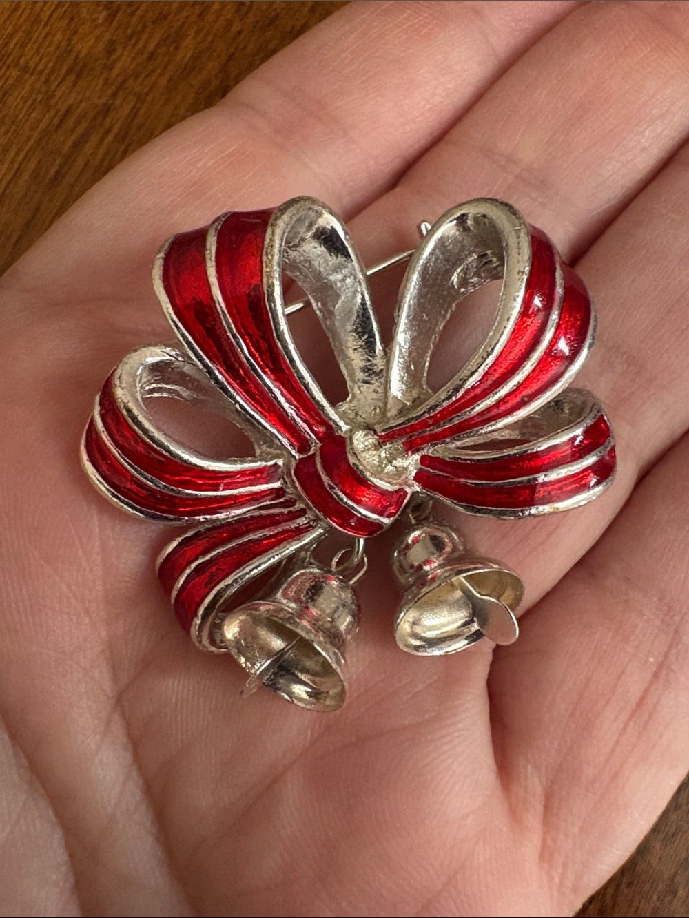 Red Enamel Bow Brooch with Bell Charms